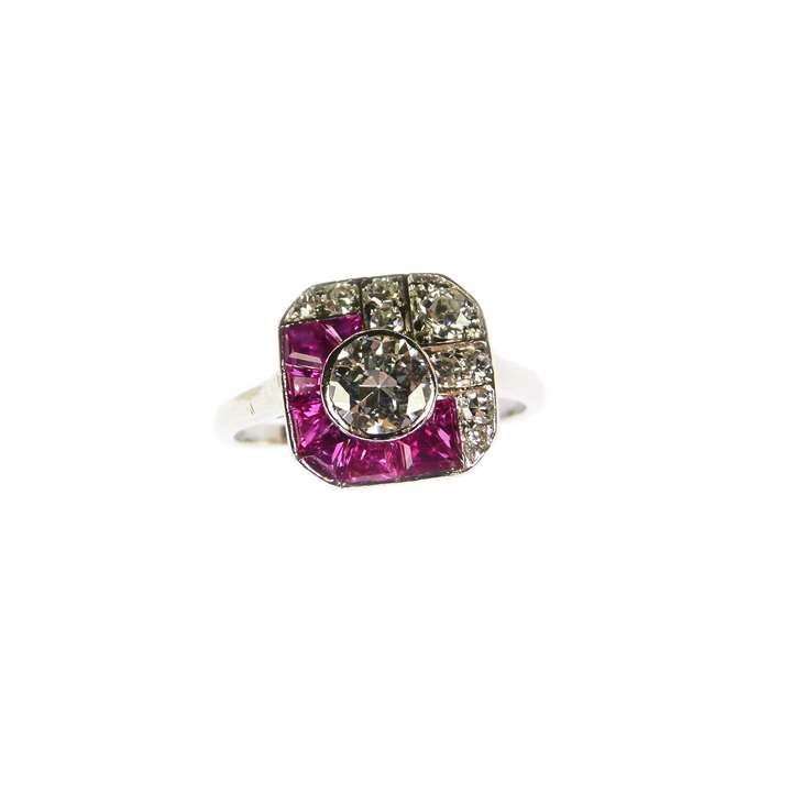 Early 20th century diamond and ruby cluster ring of square outline